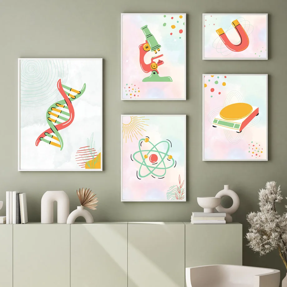 Science Nursery - วิทยาศาสตร์ชีววิทยาเซลล์กล้องจุลทรรศน์ DNA โปสเตอร์ภาพพิมพ์มินิมอลภาพวาดบนผ้าใบศิลปะติดผนังสำหรับห้องนั่งเล่นตกแต่งบ้าน