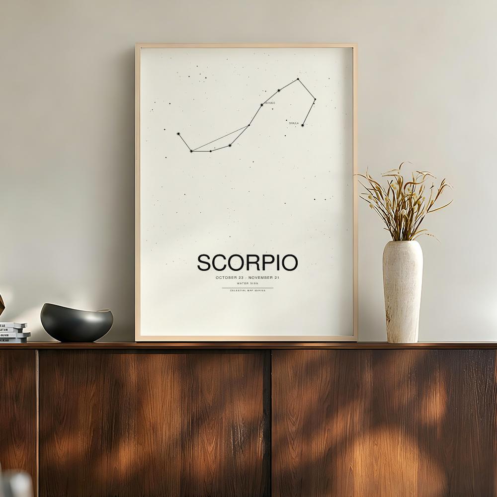 Star Map Poster - โปสเตอร์กราฟิกลายแผนที่ดวงดาวและกลุ่มดาวตามราศีแบบมินิมอล ศิลปะตกแต่งผนังสไตล์โมเดิร์นสำหรับตกแต่งบ้าน บาร์ คาเฟ่ และห้องน้ำ